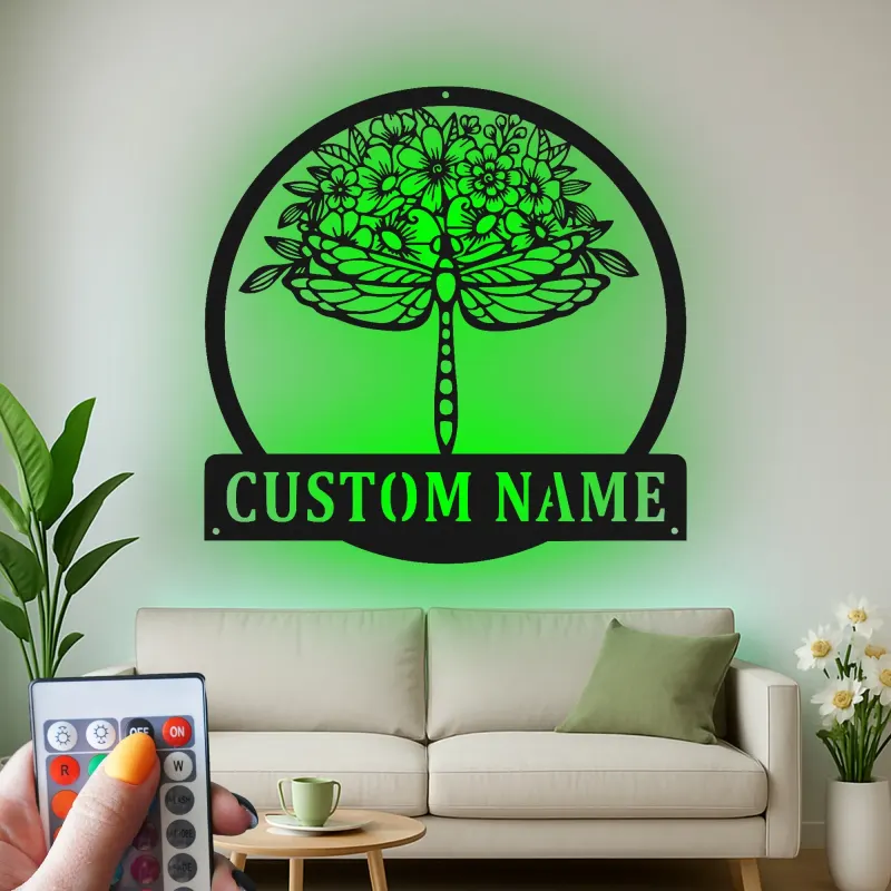 Décoration murale en métal personnalisée Libellule avec Design Floral et Rétroéclairage LED Cadeau pour Amoureux de la Nature Décor de Jardin