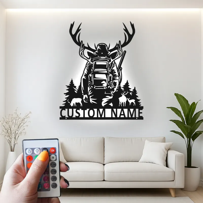 Insegna in metallo personalizzata per cacciatori con corna con luce LED regalo per appassionati di outdoor decorazione per cabin