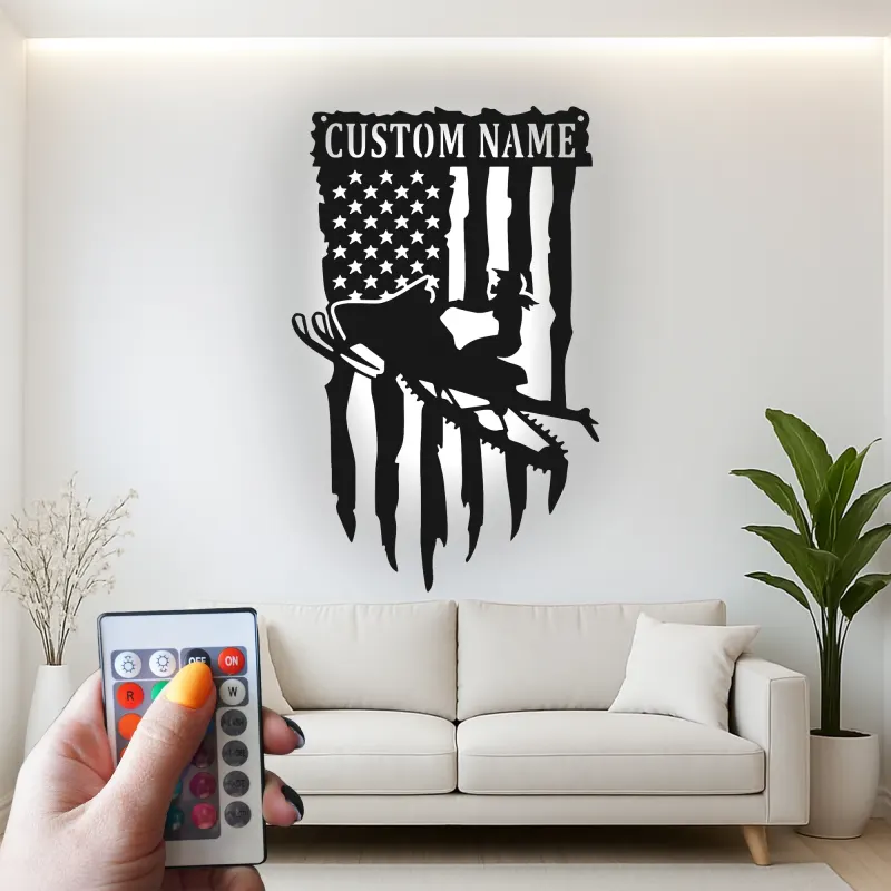 Custom Snowmobile Metal Sign | Personalized American Flag LED Wall Art | Patriotic Rider Gift | Man Cave & Garage Decor