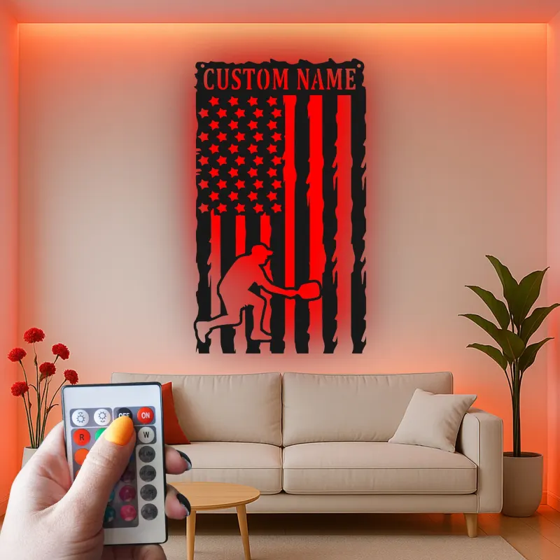 Pickleball Player Metal Wall Art | Custom Name American Flag LED Sign | Patriotic Sports Decor for Home or Gym | Hand-Crafted Steel