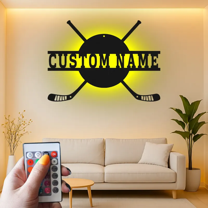 Personalisierte Hockey Namensschild | LED Metall-Wandkunst für das Spielzimmer | Individuelle Sportdekoration | Geschenk für Hockeyspieler