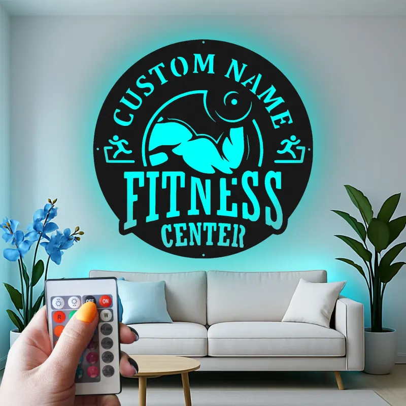 Panneau de salle de sport personnalisé | Décoration murale LED en métal pour centre de fitness | Cadeau de décor sur mesure pour propriétaire de salle