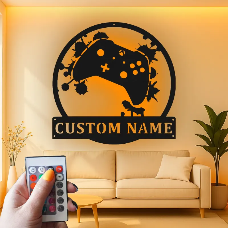 Insegna gamer personalizzata | Insegna LED in metallo personalizzata | Decorazione per sala giochi per ragazzi e uomini | Targa luminosa con controller e nome