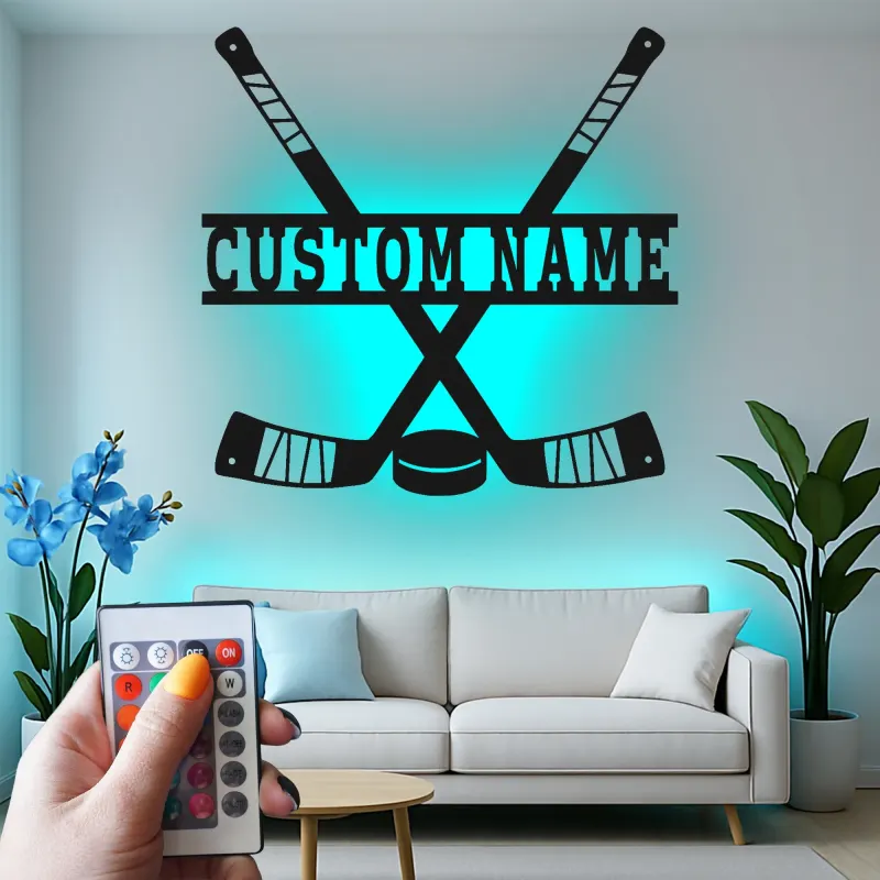 Cartel personalizado de hockey con nombre | Decoración mural de metal LED para sala de juegos | Regalo personalizado para jugador de hockey | Decoración para cueva del hombre