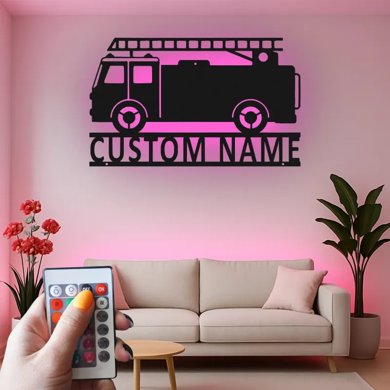 Personalized Fire Truck Metal Sign | LED Light Wall Art | Custom Firefighter Gift | Fire Station Decor