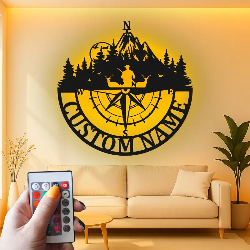 Cartel de metal personalizado de brújula de cazador | Decoración mural LED para cabaña | Regalo con nombre a medida para amantes del aire libre