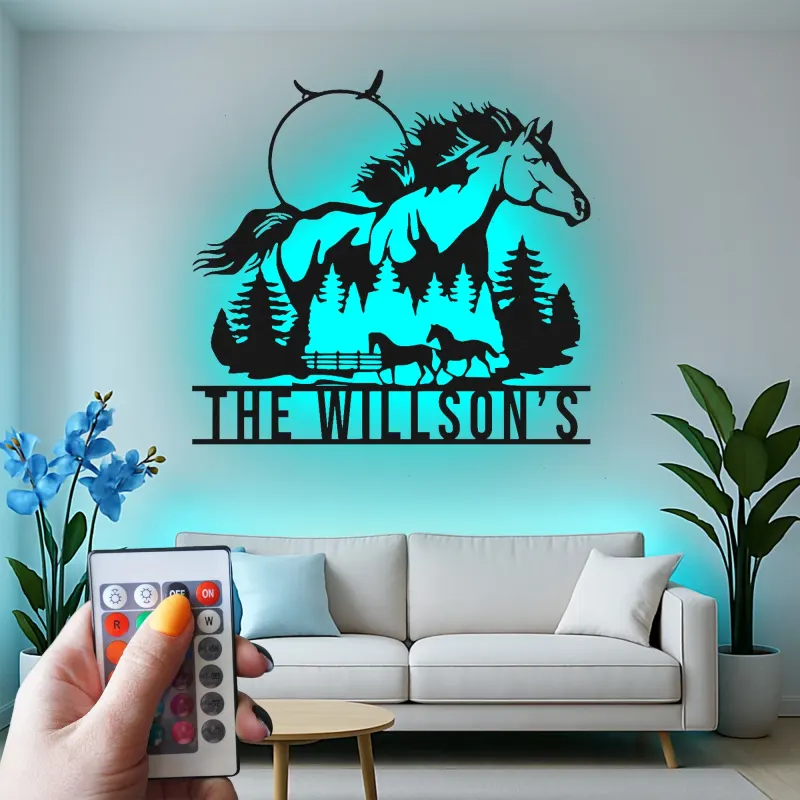 Cartel personalizado para rancho con caballo | Decoración mural LED de metal para estilo ecuestre | Luz de bienvenida farmhouse personalizada