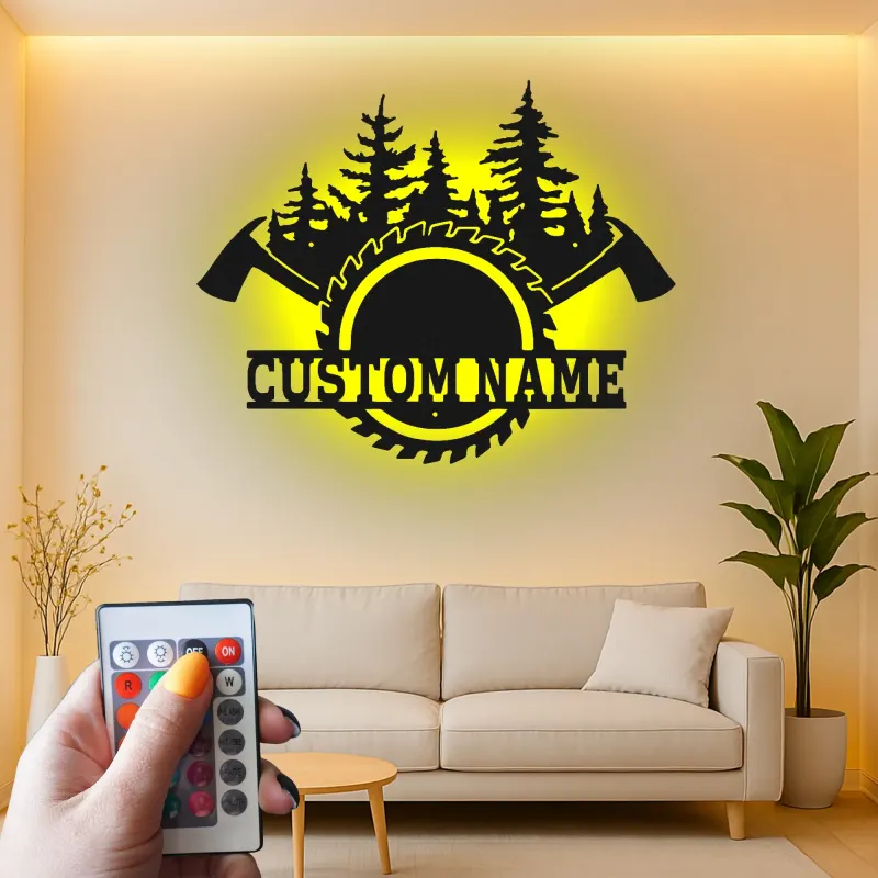 Cartel de metal personalizado de leñador en el bosque con luz LED, regalo para amante del aire libre, decoración de cabaña rústica