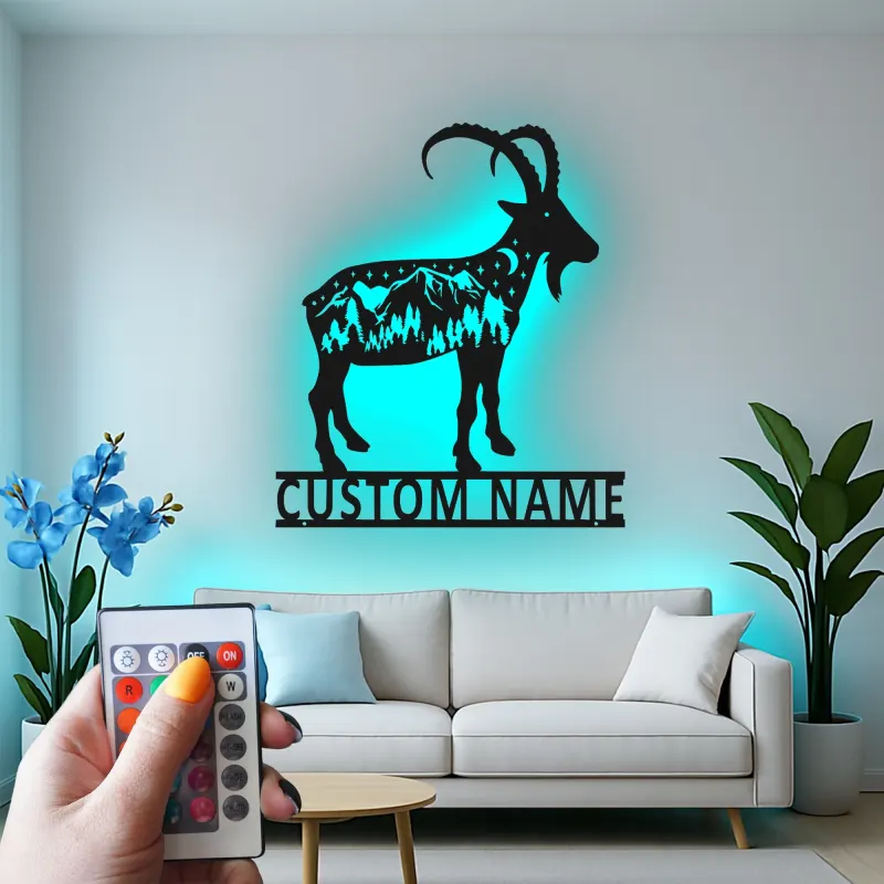 Custom Mountain Goat Metal Sign | Personalized LED Wall Art | Wildlife Decor for Nature Lover & Cabin