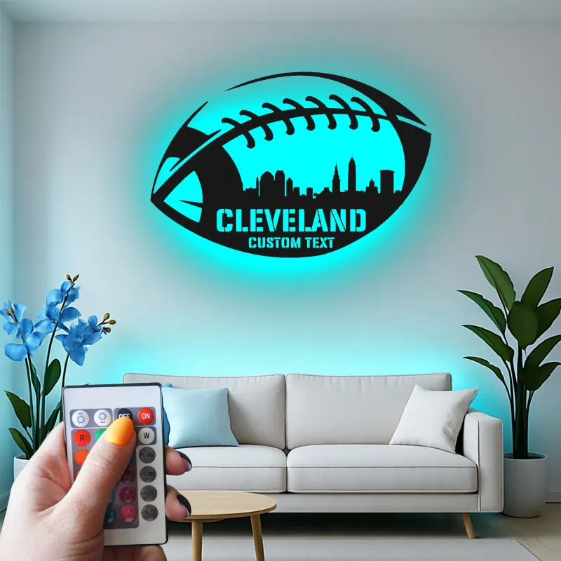 Personalized Football LED Sign | Custom City Skyline Metal Wall Art | Man Cave Decor & Gift for Fans