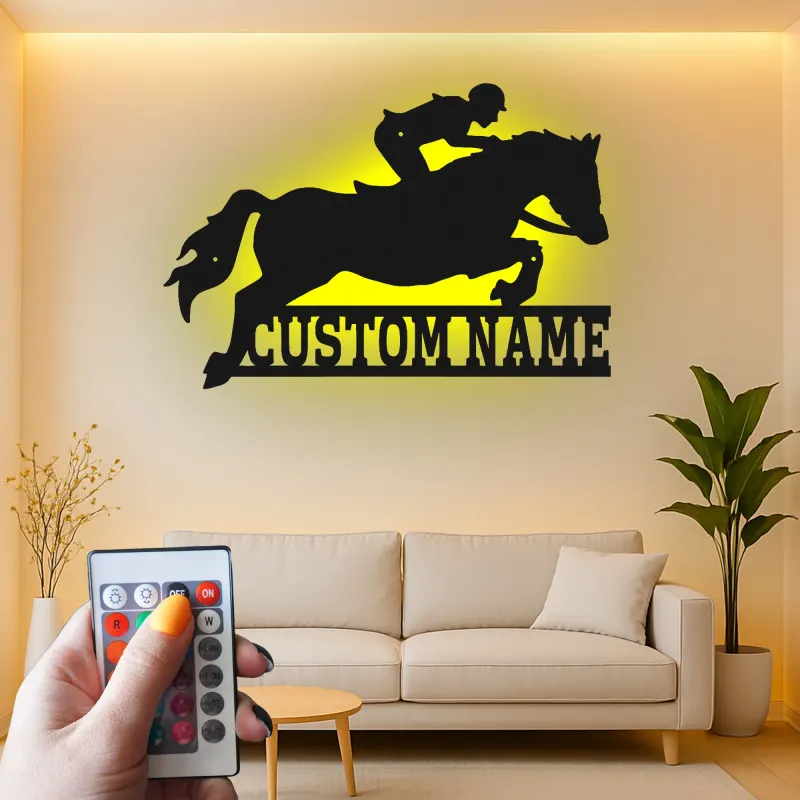 Art mural en métal LED de saut d'obstacles | Panneau équestre personnalisé | Cadeau de nom personnalisé pour amoureux des chevaux et cavaliers