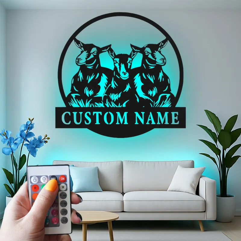 Decoración mural de metal LED de cabra personalizada | Cartel decorativo farmhouse personalizado | Regalo rústico de granero para amantes de las cabras