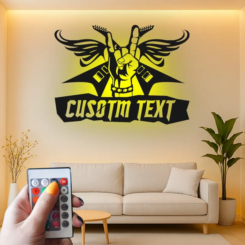 Cartel de metal Rock and Roll personalizado | Arte mural LED de alas de guitarra | Decoración de estudio de músico personalizada | Regalo de heavy metal para él