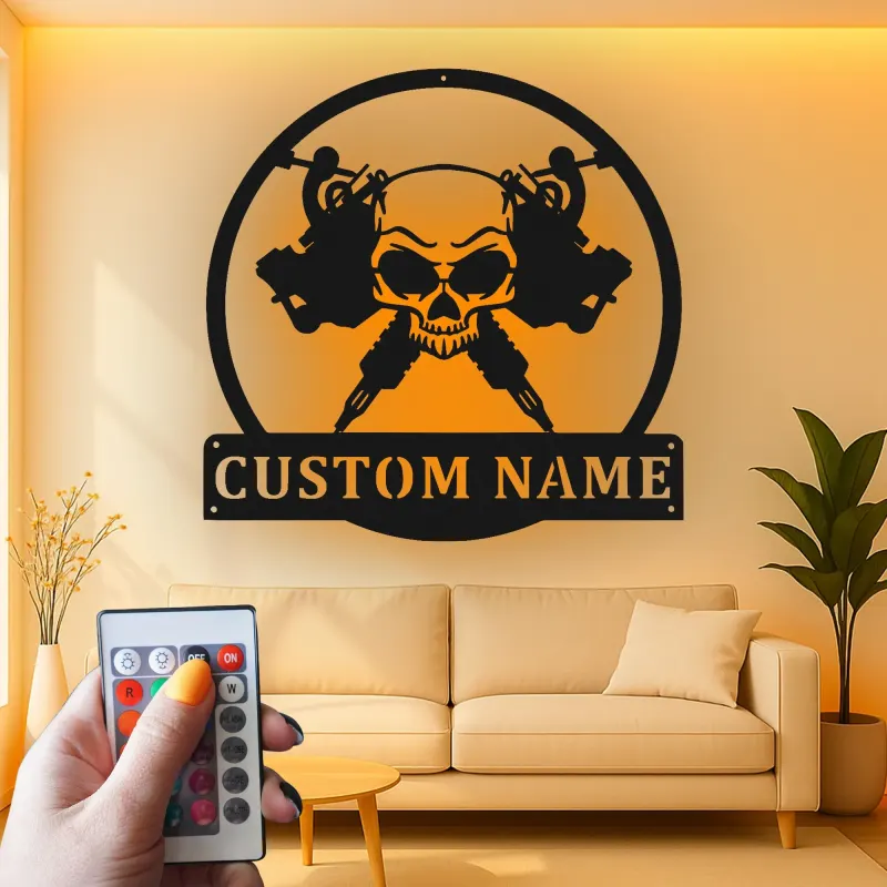 Cartel LED de estudio de tatuajes personalizado | Arte mural de calavera de metal personalizado | Regalo de placa de nombre para artistas de tatuajes