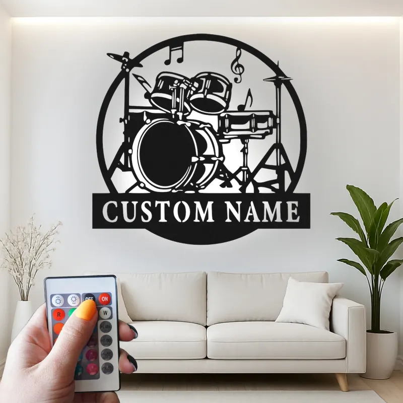 Décoration murale en métal LED personnalisée pour batteur - Cadeau musicien - Décor de salle de musique