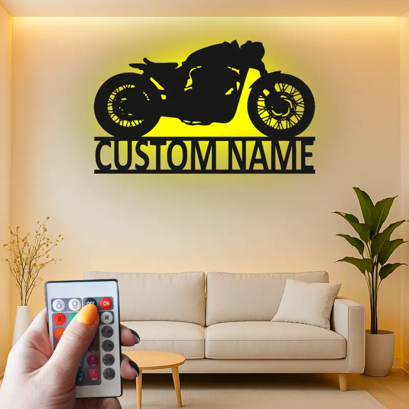 Insegna metallica personalizzata Cafe Racer | Arte murale LED per moto | Arredo garage personalizzato e regalo per biker