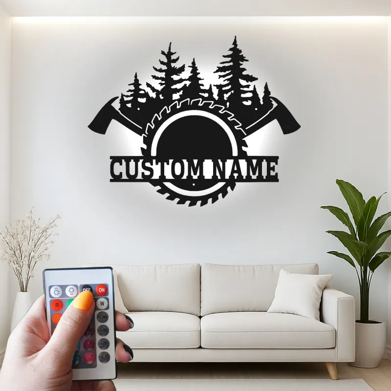 Cartel de metal personalizado de leñador en el bosque con luz LED, regalo para amante del aire libre, decoración de cabaña rústica