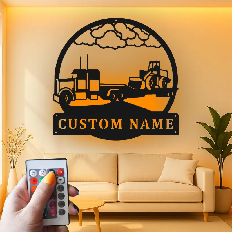 Custom Semi Truck Metal Art | Personalized LED Name Sign for Trucker | Farmhouse & Industrial Wall Decor | Gift for Driver