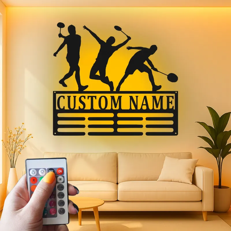 Décoration murale en métal personnalisée avec rétroéclairage LED de joueur de badminton, cadeau pour passionnés de sports, décor de salle de jeux
