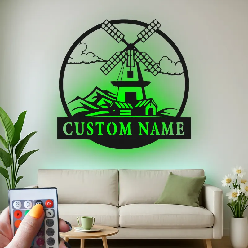 Décoration murale en métal personnalisée avec moulin à vent, lumière LED, cadeau de crémaillère, décoration de ferme rustique