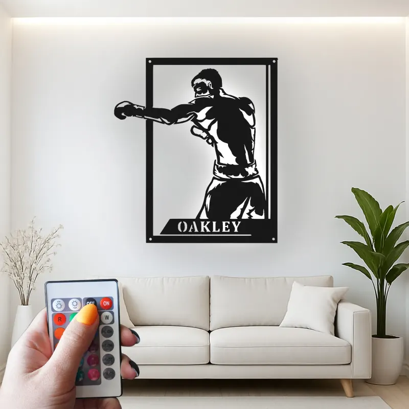 Insegna in metallo personalizzata con Boxer e luce LED regalo per appassionati di boxe decorazione per palestra o man cave 1