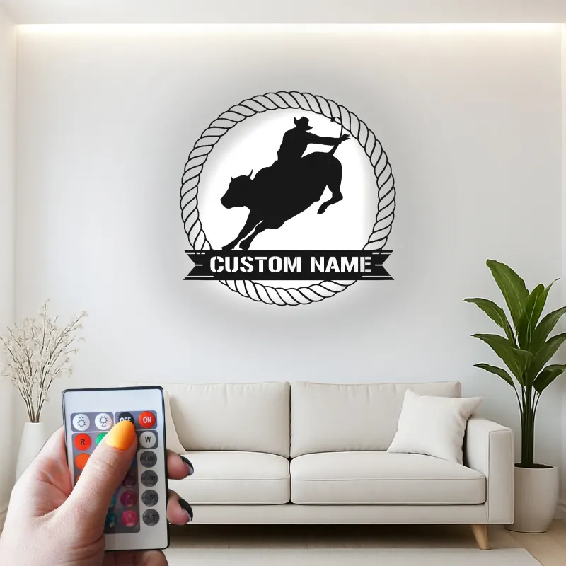 Cartel de metal LED personalizado de vaquero de rodeo regalo occidental para él decoración rústica de cueva de hombre