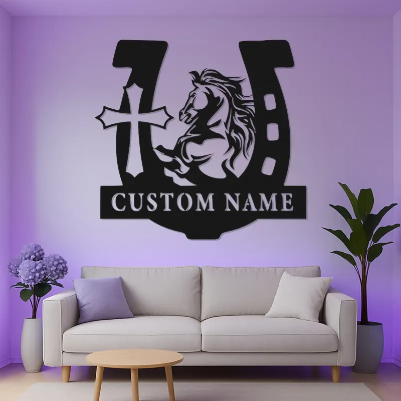 Personalized Horse & Cross LED Sign | Custom Horseshoe Metal Wall Art | Equestrian Gift for Rider | Barn, Stable & Ranch Decor