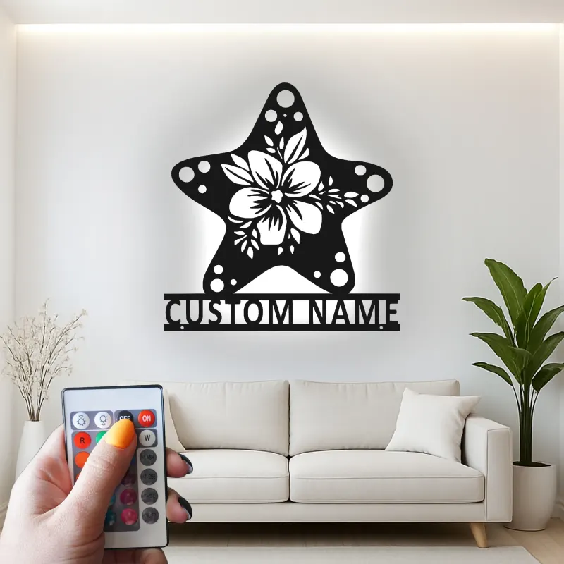 Cartel Personalizado de Hibisco y Estrella de Mar | Arte de Metal de Pared Personalizado con LED | Decoración de Casa de Playa Costera y Carteles para Salones