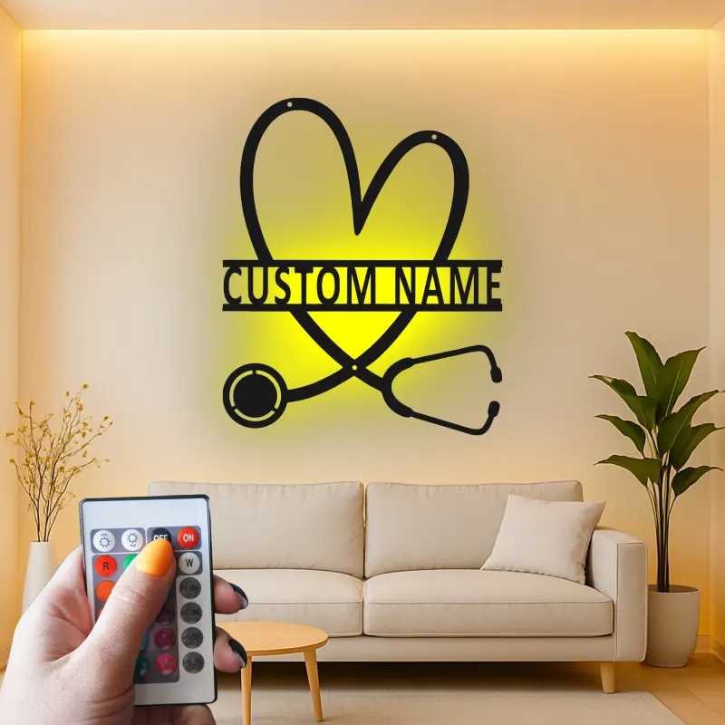 Personalisierte Stethoskop-Schild | LED Metall-Wandkunst für Arztpraxen | Individuelles Geschenk für Krankenschwestern | Klinik Wanddeko