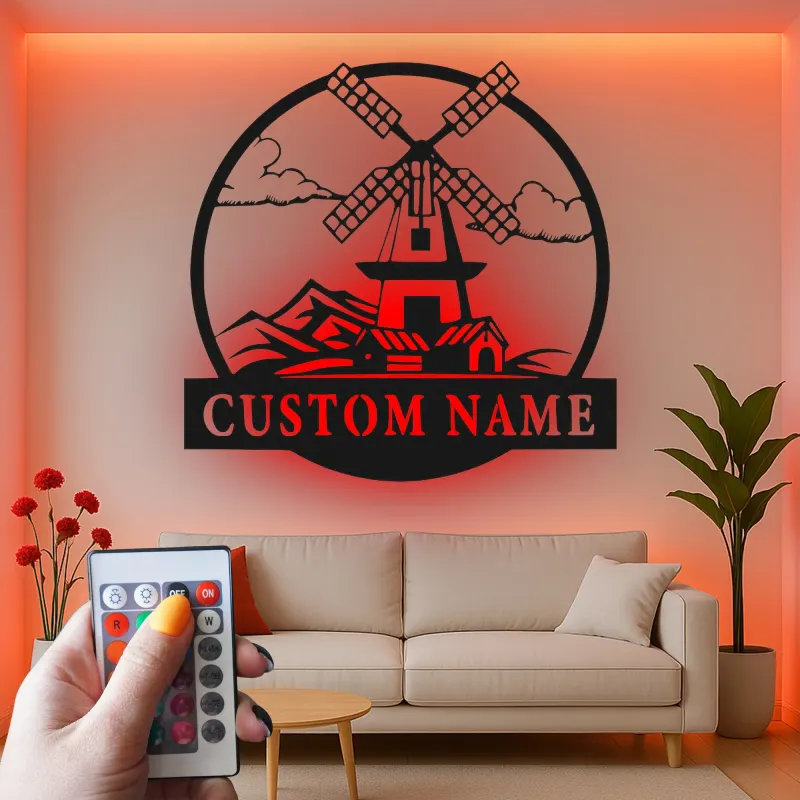 Décoration murale en métal personnalisée avec moulin à vent, lumière LED, cadeau de crémaillère, décoration de ferme rustique