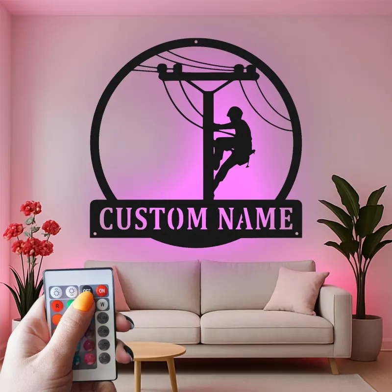 Panneau LED en métal pour lineman | Cadeau personnalisé pour électricien | Décoration murale avec nom sur mesure pour man cave | Déco pour professionnel des services publics