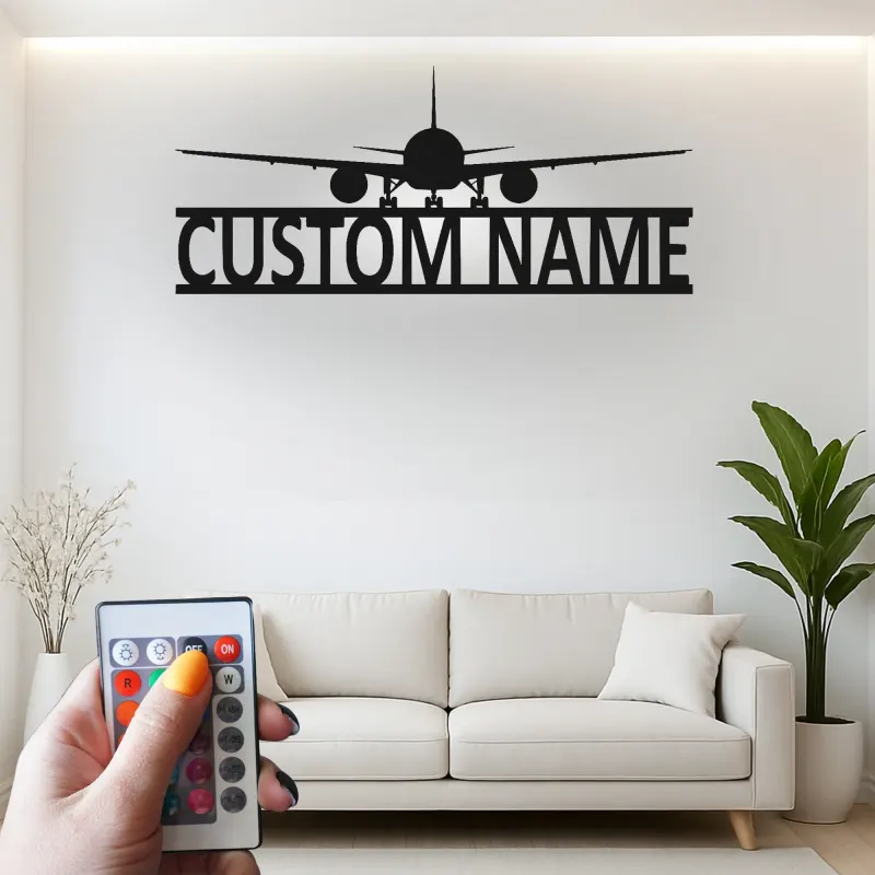Décoration murale en métal personnalisée avec lumière LED d'avion - Cadeau d'aviation pour pilotes, décoration de hangar ou de bureau