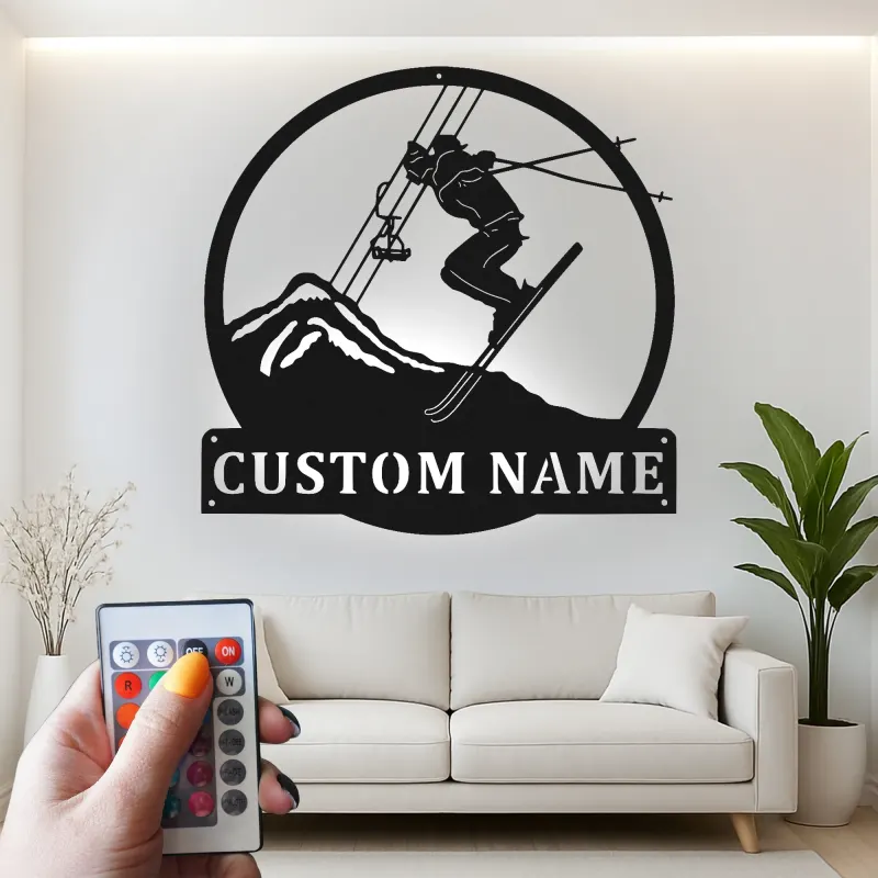 Custom Skier Led Light Metal Wall Art Personalized Gift for Ski Enthusiasts Mountain Lodge Decor