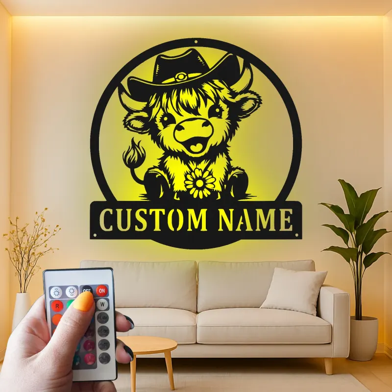 Custom Highland Cow LED Sign | Personalized Metal Wall Art | Western Nursery Decor | Farmhouse Ranch Gift for Her