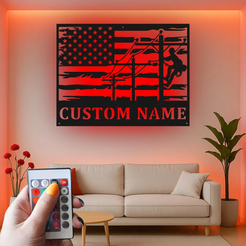 Cartel de metal personalizado para liniero | Arte LED con bandera americana personalizada | Regalo para electricista y decoración patriótica para trabajador de servicios públicos