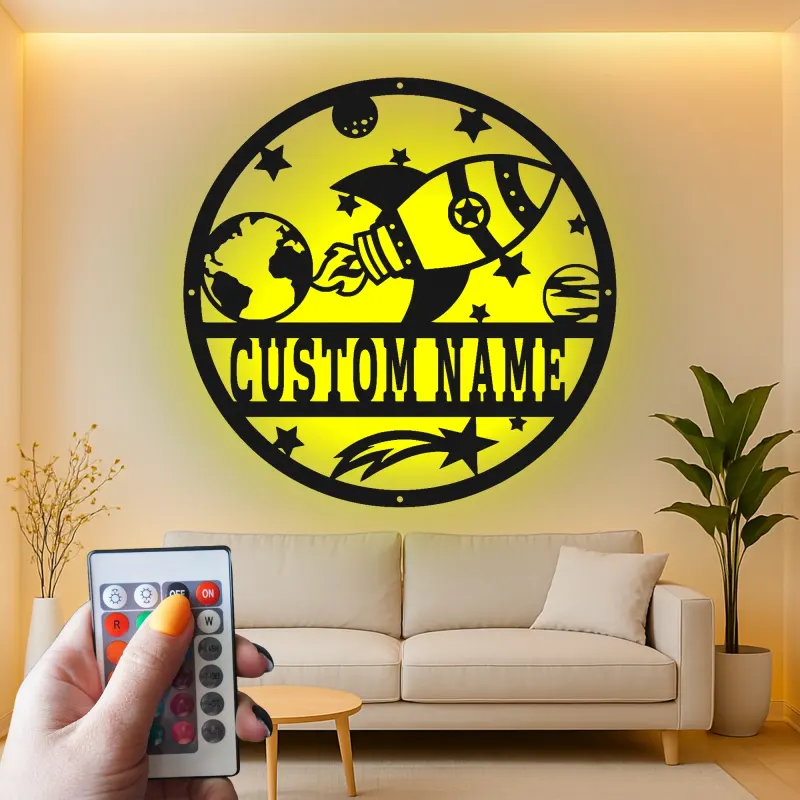 Panneau Personnalisé Fusée | Décoration Murale en Métal LED pour Chambre d'Enfant | Décor de Nurserie avec Nom Personnalisé | Panneau Lumineux Espace