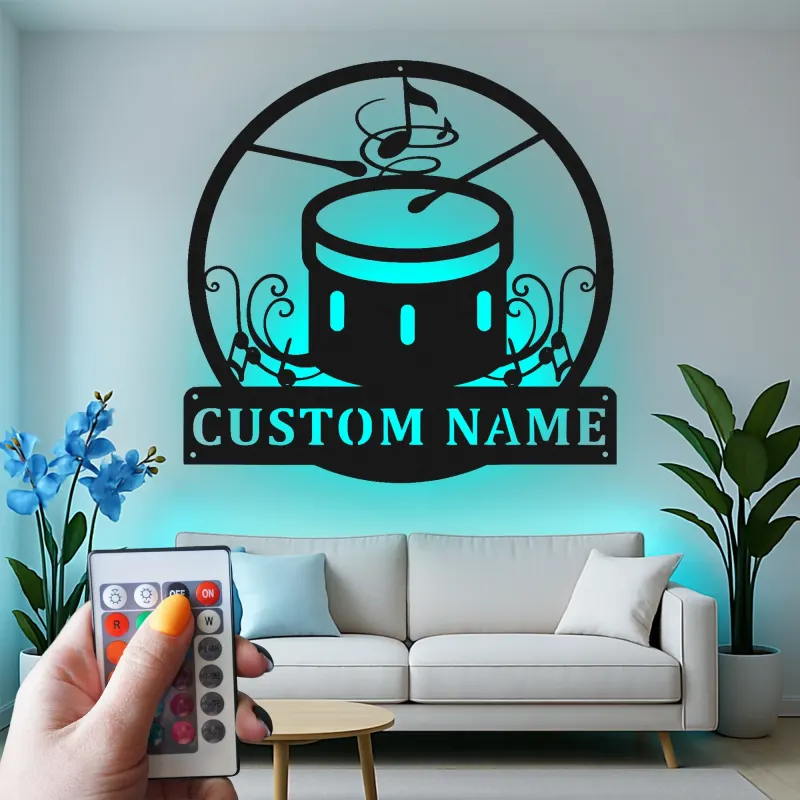 Insegna in metallo LED a forma di tamburo personalizzata Regalo per musicisti Decorazione per sala musica per batteristi