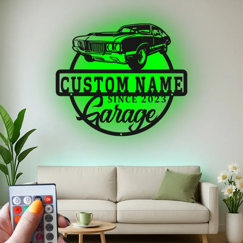 Insegna in metallo personalizzata con luce LED per auto classiche - Regalo per lui, decorazione automobilistica per man cave