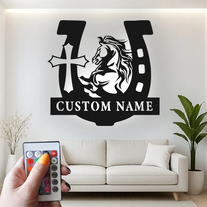 Personalized Horse & Cross LED Sign | Custom Horseshoe Metal Wall Art | Equestrian Gift for Rider | Barn, Stable & Ranch Decor