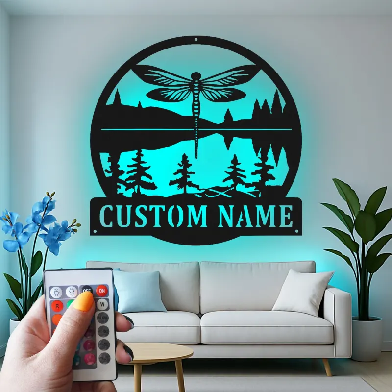 Cartel de metal personalizado Escena de Lago con Libélulas y Luz LED Regalo Personalizado para Amantes de la Naturaleza Decoración para Cabaña o Sala de Estar