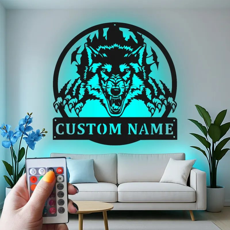 Insegna in metallo LED personalizzata con lupo - Regalo per lui, decorazione per man cave o sala giochi