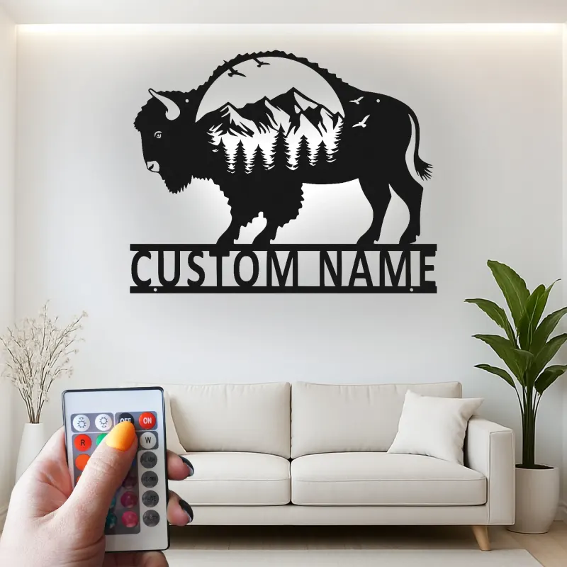 Cartel de metal personalizado con escena de montaña y bisonte iluminado LED, regalo para amantes de la naturaleza, decoración rústica para salas de estar