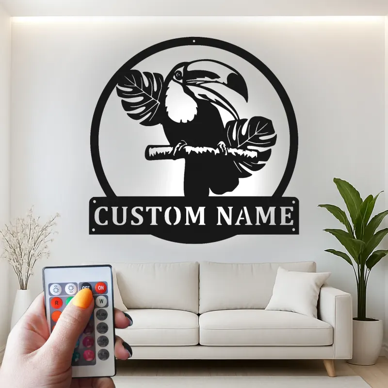 Custom Toucan Metal Sign with LED | Personalized Tropical Wall Art | Jungle Theme Decor for Patio, Sunroom & Office | Exotic Bird Gift