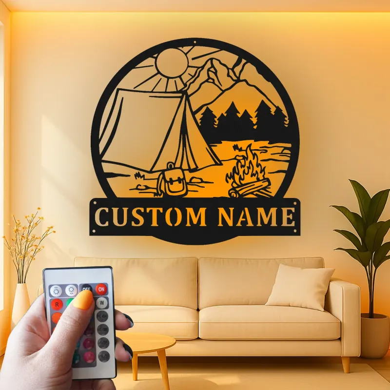 Custom Camping Scene Led Light Metal Wall Art Personalized Outdoor Enthusiast Gift Cabin or RV Decor 3