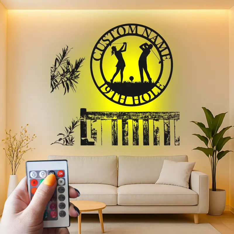 Enseigne LED de golf personnalisée | Décoration murale en métal sur mesure pour bar maison | Déco 19e trou avec prénom | Cadeau pour couple golfeur