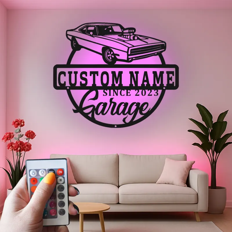 Personalisierte Muscle Car Schild | LED Metall-Wandkunst | Vintage Garagen Dekor | Individuelles Man Cave Geschenk | Lasergeschnittene Autoschilder