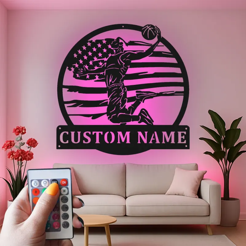 Décoration murale en métal personnalisée pour joueur de basketball avec rétroéclairage LED - Cadeau pour fans de sport