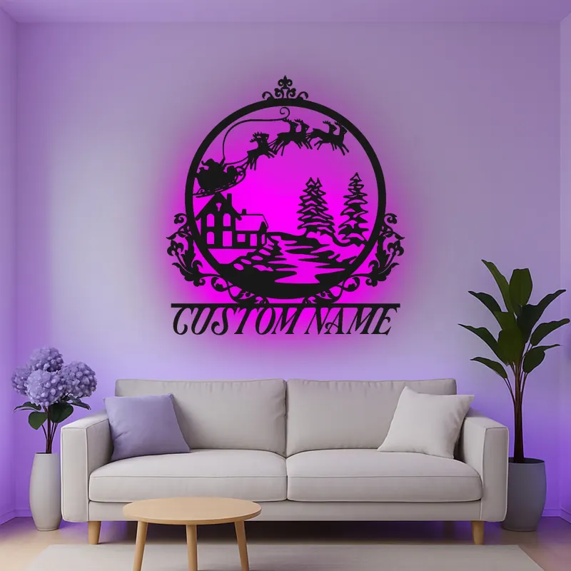 Custom Santa Sleigh Led Light Metal Wall Art Christmas Gift for Families Festive Living Room Decor