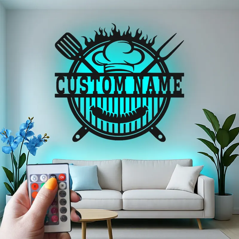 Insegna in metallo personalizzata con BBQ Grill e luce LED regalo personalizzato per maestro della griglia decorazione per cucina all'aperto