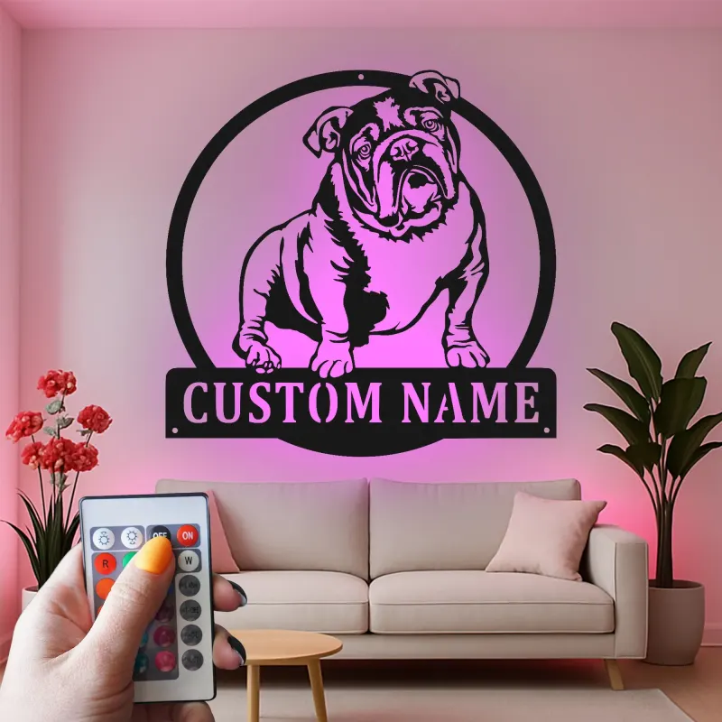 Insegna in metallo LED personalizzata con bulldog - Regalo per amanti dei cani e decorazione per soggiorno